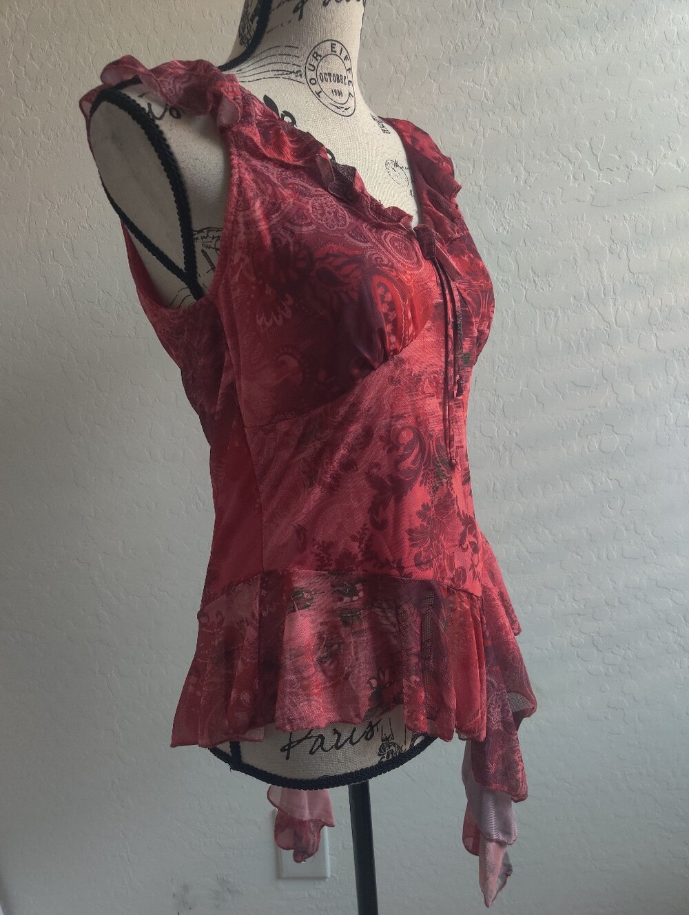 🆕 Rebellious Red Floral Paisley Ruffled Asymmetric Peplum Top Fairy Whimsigoth - Picture 8 of 12